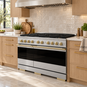 ZLINE Autograph 48 in. 6.7 cu. ft. Marino Dual Fuel Range with 8 Burner DuoPro™ Cooktop and Dual Ovens in Satin Stainless Steel and Champagne Bronze Accents, PMDRSZ-48-CB