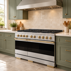 ZLINE Autograph 48 in. 6.7 cu. ft. Marino Gas Range with 8 Burner DuoPro™ Cooktop and Dual Ovens in Satin Stainless Steel and Champagne Bronze Accents, PMGRSZ-48-CB
