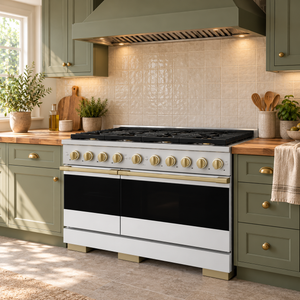 ZLINE Autograph 48 in. 6.7 cu. ft. Marino Gas Range with 8 Burner DuoPro™ Cooktop and Dual Ovens in Satin Stainless Steel with White Matte Doors and Champagne Bronze Accents, PMGRSZ-WM-48-CB