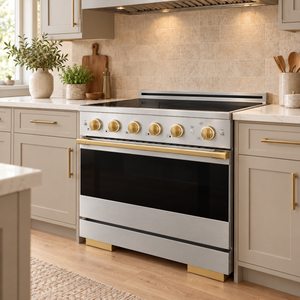 ZLINE Autograph Edition 36 in. 5.2 cu. ft. Marino Induction Range with 5 Element Cooktop and Electric Convection Oven in Satin Stainless Steel with Polished Gold Accents, MINRSZ-36-G