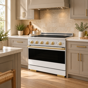 ZLINE Autograph Edition 36 in. 5.2 cu. ft. Marino Induction Range with 5 Element Cooktop and Electric Convection Oven in Satin Stainless Steel with White Matte Door and Polished Gold Accents, MINRSZ-WM-36-G