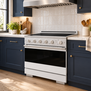 ZLINE 36 in. 5.2 cu. ft. Marino Induction Range with 5 Element Cooktop and Electric Convection Oven in Satin Stainless Steel with White Matte Door, MINRS-WM-36
