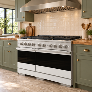 ZLINE 48 in. 6.7 cu. ft. Marino Dual Fuel Range with 8 Burner DuoPro™ Cooktop and Dual Ovens in Satin Stainless Steel with White Matte Doors, PMDRS-WM-48