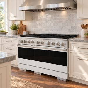 ZLINE 48 in. 6.7 cu. ft. Marino Gas Range with 8 Burner DuoPro™ Cooktop and Dual Ovens in Satin Stainless Steel with White Matte Doors, PMGRS-WM-48