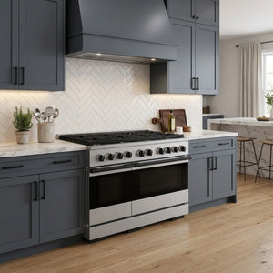 ZLINE Marino Autograph Edition 48-Inch 6.7 cu. ft. Gas Range, 8 Brass Burners, Double Oven, Convection Oven, Reversible Griddle, Stainless Steel with Matte Black Accents, MGRZ-48-MB