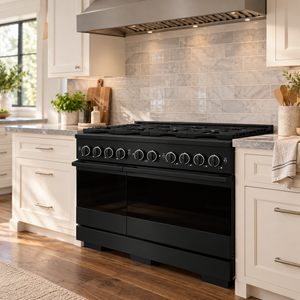 ZLINE Marino 48-Inch 6.7 cu. ft. Dual Fuel Range, 8 Brass Burners, Double Oven, Convection Oven, Reversible Griddle, Black Stainless Steel, MDRB-BR-48