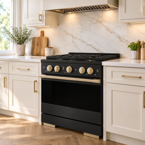 ZLINE Autograph 30 in. 4.2 cu. ft. Marino Gas Range with 4 Burner DuoPro™ Cooktop and Gas Oven in Black Stainless Steel and Champagne Bronze Accents, PMGRBZ-30-CB