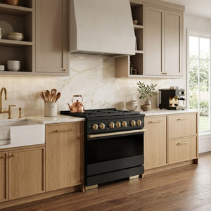 ZLINE Marino Autograph Edition 36-Inch 5.2 cu. ft. Dual Fuel Range, 6 Brass Burners, Convection Oven, Black Stainless Steel with Champagne Bronze Accents, MDRBZ-36-CB