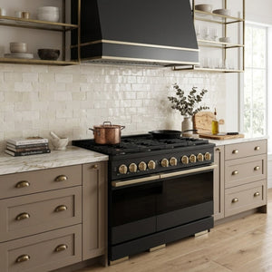 ZLINE Marino Autograph Edition 48-Inch 6.7 cu. ft. Dual Fuel Range, 8 Brass Burners, Double Oven, Convection Oven, Reversible Griddle, Black Stainless Steel with Champagne Bronze Accents, MDRBZ-48-CB