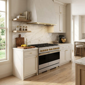 ZLINE Marino Autograph Edition 48-Inch 6.7 cu. ft. Dual Fuel Range, 8 Brass Burners, Double Oven, Convection Oven, Reversible Griddle, Satin Stainless Steel with Champagne Bronze Accents, MDRSZ-48-CB