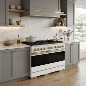 ZLINE Marino Autograph Edition 48-Inch 6.7 cu. ft. Dual Fuel Range, 8 Brass Burners, Double Oven, Convection Oven, Reversible Griddle, Satin Stainless Steel with White Matte Door and Champagne Bronze Accents, MDRSZ-WM-48-CB