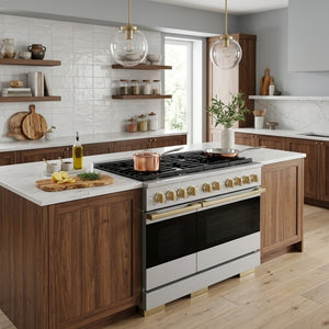 ZLINE Marino Autograph Edition 48-Inch 6.7 cu. ft. Dual Fuel Range, 8 Brass Burners, Double Oven, Convection Oven, Reversible Griddle, Stainless Steel with Champagne Bronze Accents, MDRZ-48-CB