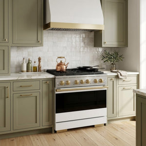 ZLINE Marino Autograph Edition 36-Inch 5.2 cu. ft. Dual Fuel Range, 6 Brass Burners, Convection Oven, Stainless Steel with White Matte Door and Champagne Bronze Accents, MDRZ-WM-36-CB