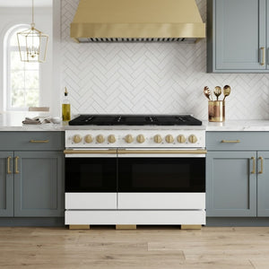 ZLINE Marino Autograph Edition 48-Inch 6.7 cu. ft. Dual Fuel Range, 8 Brass Burners, Double Oven, Convection Oven, Reversible Griddle, Stainless Steel with White Matte Door and Champagne Bronze Accents, MDRZ-WM-48-CB