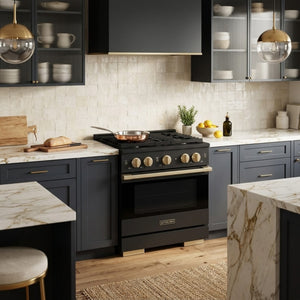 ZLINE Marino Autograph Edition 30-Inch 4.2 cu. ft. Gas Range, 4 Brass Burners, Convection Oven, Black Stainless Steel with Champagne Bronze Accents, MGRBZ-30-CB