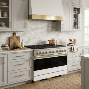 ZLINE Marino Autograph Edition 48-Inch 6.7 cu. ft. Gas Range, 8 Brass Burners, Double Oven, Convection Oven, Reversible Griddle, Satin Stainless Steel with White Matte Door and Champagne Bronze Accents, MGRSZ-WM-48-CB