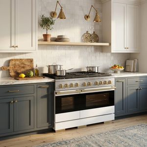 ZLINE Marino Autograph Edition 48-Inch 6.7 cu. ft. Gas Range, 8 Brass Burners, Double Oven, Convection Oven, Reversible Griddle, Stainless Steel with White Matte Door and Champagne Bronze Accents, MGRZ-WM-48-CB