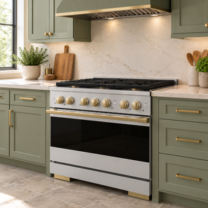 ZLINE Autograph 36 in. 5.2 cu. ft. Marino Dual Fuel Range with 6 Burner DuoPro™ Cooktop and Electric Convection Oven in Stainless Steel and Champagne Bronze Accents, PMDRZ-36-CB