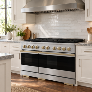 ZLINE Autograph 48 in. 6.7 cu. ft. Marino Dual Fuel Range with 8 Burner DuoPro™ Cooktop and Dual Ovens in Stainless Steel and Champagne Bronze Accents, PMDRZ-48-CB