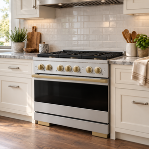 ZLINE Autograph 36 in. 5.2 cu. ft. Marino Gas Range with 6 Burner DuoPro™ Cooktop and Gas Oven in Stainless Steel and Champagne Bronze Accents, PMGRZ-36-CB