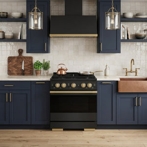 ZLINE Marino Autograph Edition 30-Inch 4.2 cu. ft. Dual Fuel Range, 4 Brass Burners, Convection Oven, Black Stainless Steel with Polished Gold Accents, MDRBZ-30-G