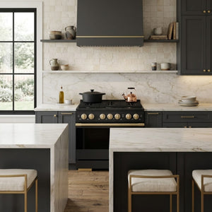 ZLINE Marino Autograph Edition 36-Inch 5.2 cu. ft. Dual Fuel Range, 6 Brass Burners, Convection Oven, Black Stainless Steel with Polished Gold Accents, MDRBZ-36-G