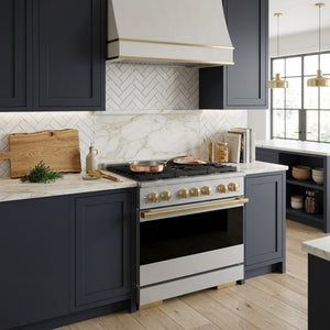 ZLINE Marino Autograph Edition 36-Inch 5.2 cu. ft. Dual Fuel Range, 6 Brass Burners, Convection Oven, Stainless Steel with Polished Gold Accents, MDRZ-36-G