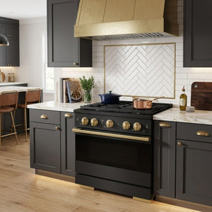 ZLINE Marino Autograph Edition 30-Inch 4.2 cu. ft. Gas Range, 4 Brass Burners, Convection Oven, Black Stainless Steel with Polished Gold Accents, MGRBZ-30-G