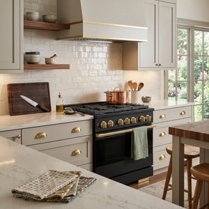 ZLINE Marino Autograph Edition 36-Inch 5.2 cu. ft. Gas Range, 6 Brass Burners, Convection Oven, Black Stainless Steel with Polished Gold Accents, MGRBZ-36-G