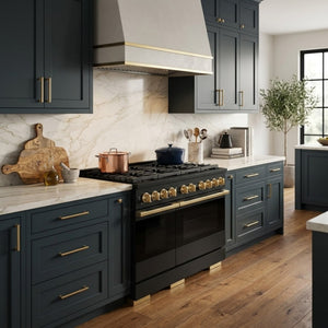 ZLINE Marino Autograph Edition 48-Inch 6.7 cu. ft. Gas Range, 8 Brass Burners, Double Oven, Convection Oven, Reversible Griddle, Black Stainless Steel with Polished Gold Accents, MGRBZ-48-G
