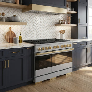 ZLINE Marino Autograph Edition 48-Inch 6.7 cu. ft. Gas Range, 8 Brass Burners, Double Oven, Convection Oven, Reversible Griddle, Stainless Steel with Polished Gold Accents, MGRZ-48-G