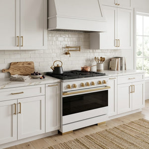 ZLINE Marino Autograph Edition 36-Inch 5.2 cu. ft. Gas Range, 6 Brass Burners, Convection Oven, Stainless Steel with White Matte Door and Polished Gold Accents, MGRZ-WM-36-G