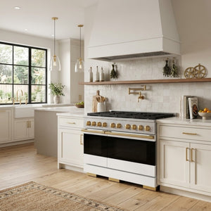 ZLINE Marino Autograph Edition 48-Inch 6.7 cu. ft. Gas Range, 8 Brass Burners, Double Oven, Convection Oven, Reversible Griddle, Stainless Steel with White Matte Door and Polished Gold Accents, MGRZ-WM-48-G