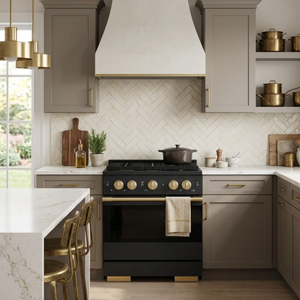 ZLINE Marino Autograph Edition 30-Inch 4.2 cu. ft. Dual Fuel Range, 4 Brass Burner DuoPro™ Cooktop, Convection Oven, Black Stainless Steel with Polished Gold Accents, PMDRBZ-30-G