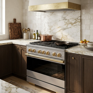 ZLINE Marino Autograph Edition 36-Inch 5.2 cu. ft. Dual Fuel Range, 6 Brass Burner DuoPro™ Cooktop, Convection Oven, Stainless Steel with Polished Gold Accents, PMDRZ-36-G