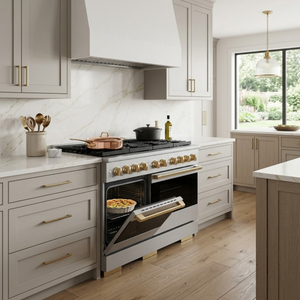 ZLINE Marino Autograph Edition 48-Inch 6.7 cu. ft. Dual Fuel Range, 8 Brass Burner DuoPro™ Cooktop, Double Oven, Convection Oven, Reversible Griddle, Stainless Steel with Polished Gold Accents, PMDRZ-48-G