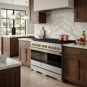 ZLINE Marino Autograph Edition 48-Inch 6.7 cu. ft. Gas Range, 8 Brass Burner DuoPro™ Cooktop, Double Oven, Convection Oven, Reversible Griddle, Stainless Steel with Polished Gold Accents, PMGRZ-48-G