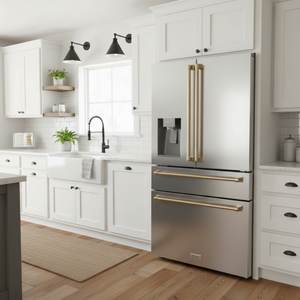 ZLINE 36 In. Autograph Refrigerator with Water and Ice Dispenser in Fingerprint Resistant Stainless Steel with Champagne Bronze Accents, RFMZ-W-36-CB