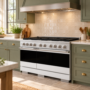 ZLINE Marino 48-Inch 6.7 cu. ft. Gas Range, 8 Burners, Double Oven, Convection Oven, Reversible Griddle, Satin Stainless Steel with White Matte Door, MGRS-WM-48