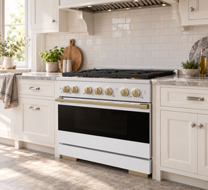 ZLINE Autograph 36 in. 5.2 cu. ft. Marino Gas Range with 6 Burner DuoPro™ Cooktop and Gas Oven with White Matte Door and Champagne Bronze Accents, PMGRZ-WM-36-CB