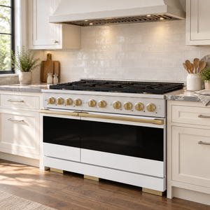 ZLINE Autograph 48 in. 6.7 cu. ft. Marino Gas Range with 8 Burner DuoPro™ Cooktop and Dual Ovens with White Matte Doors and Champagne Bronze Accents, PMGRZ-WM-48-CB