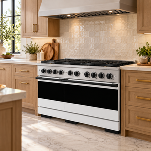 ZLINE Autograph 48 in. 6.7 cu. ft. Marino Gas Range with 8 Burner DuoPro™ Cooktop and Dual Ovens with White Matte Doors and Matte Black Accents, PMGRZ-WM-48-MB