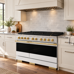 ZLINE Autograph 48 in. 6.7 cu. ft. Marino Dual Fuel Range with 8 Burner DuoPro™ Cooktop and Dual Ovens with White Matte Doors and Polished Gold Accents, PMDRZ-WM-48-G