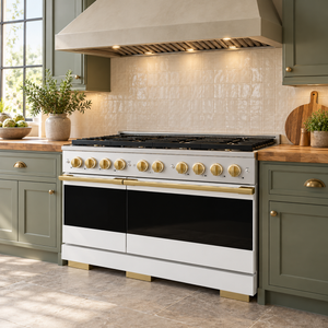 ZLINE Autograph 48 in. 6.7 cu. ft. Marino Gas Range with 8 Burner DuoPro™ Cooktop and Dual Ovens with White Matte Doors and Polished Gold Accents, PMGRZ-WM-48-G