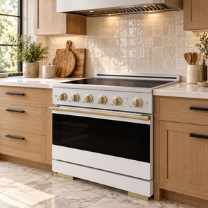 ZLINE Autograph 36 in. 5.2 cu. ft. Marino Induction Range with 5 Element Cooktop and Electric Convection Oven in Stainless Steel with White Matte Door and Champagne Bronze Accents, MINRZ-WM-36-CB