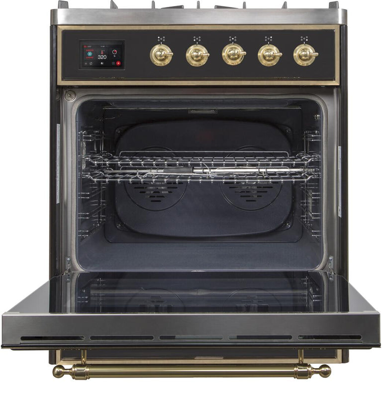 ILVE 30 in. Majestic II Series Propane Gas Burner and Electric Oven Range in Glossy Black with Brass Trim, UM30DNE3BKGLP