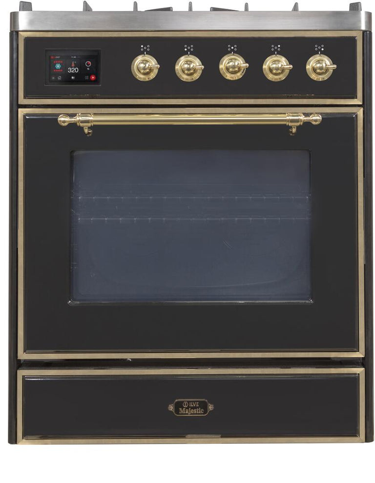 ILVE 30 in. Majestic II Series Propane Gas Burner and Electric Oven Range in Glossy Black with Brass Trim, UM30DNE3BKGLP