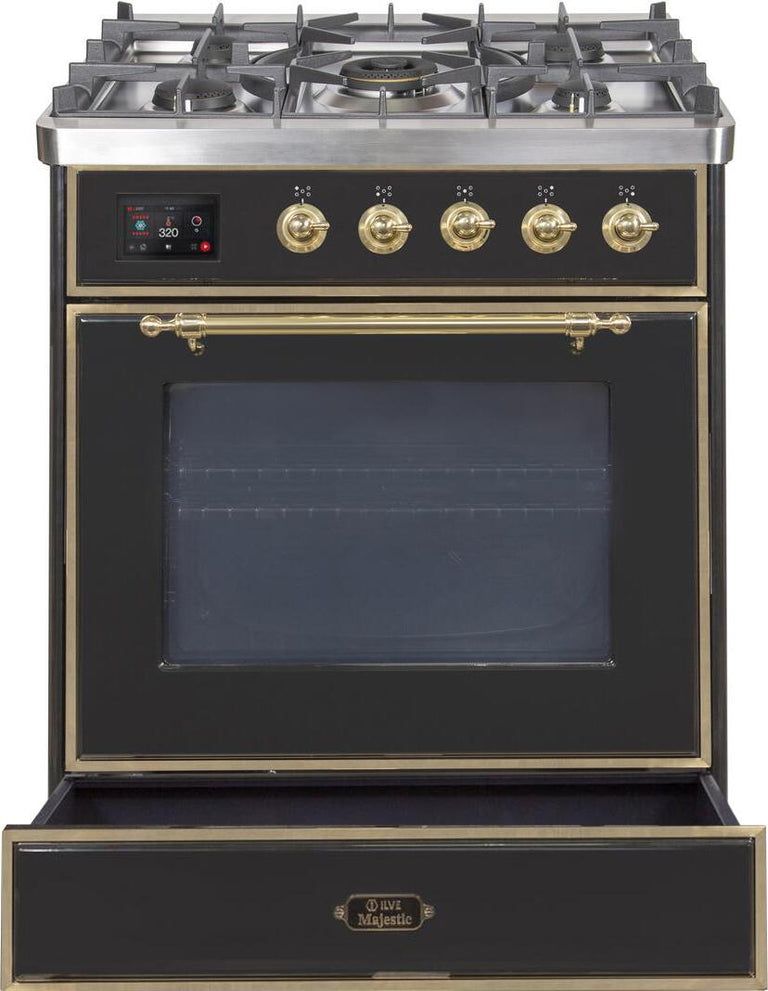 ILVE 30 in. Majestic II Series Propane Gas Burner and Electric Oven Range in Glossy Black with Brass Trim, UM30DNE3BKGLP