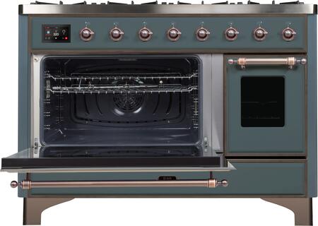ILVE Majestic II 48" Natural Gas Burner, Electric Oven Range in Blue Grey with Bronze Trim, UM12FDNS3BGBNG