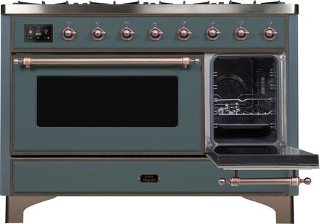 ILVE Majestic II 48" Natural Gas Burner, Electric Oven Range in Blue Grey with Bronze Trim, UM12FDNS3BGBNG